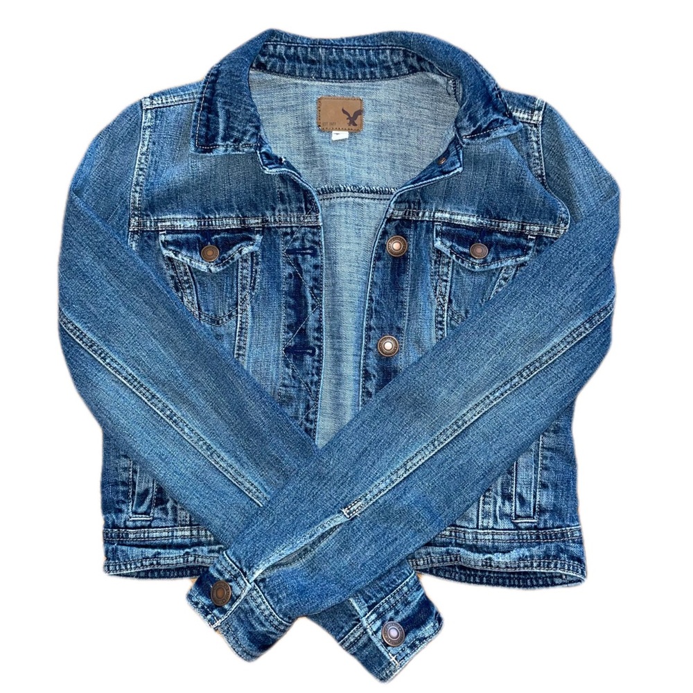 American Eagle lightly distressed, medium wash jean jacket, size S
